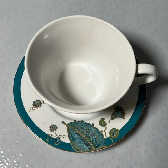 Vintage Retired Flat Cup & Saucer Set Eliza Teal by 222 FIFTH Gold Trim - Picture 2 of 7